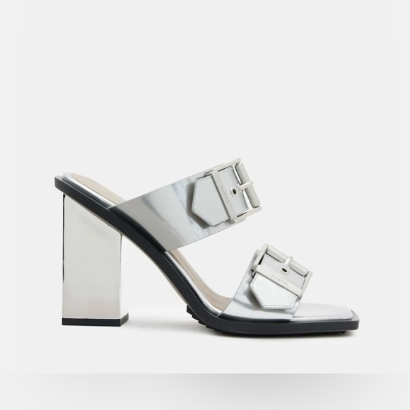 AllSaints Camille Silver Chrome Mirror Block Heel Sandals Sz 36 NIB - Picture 6 of 8